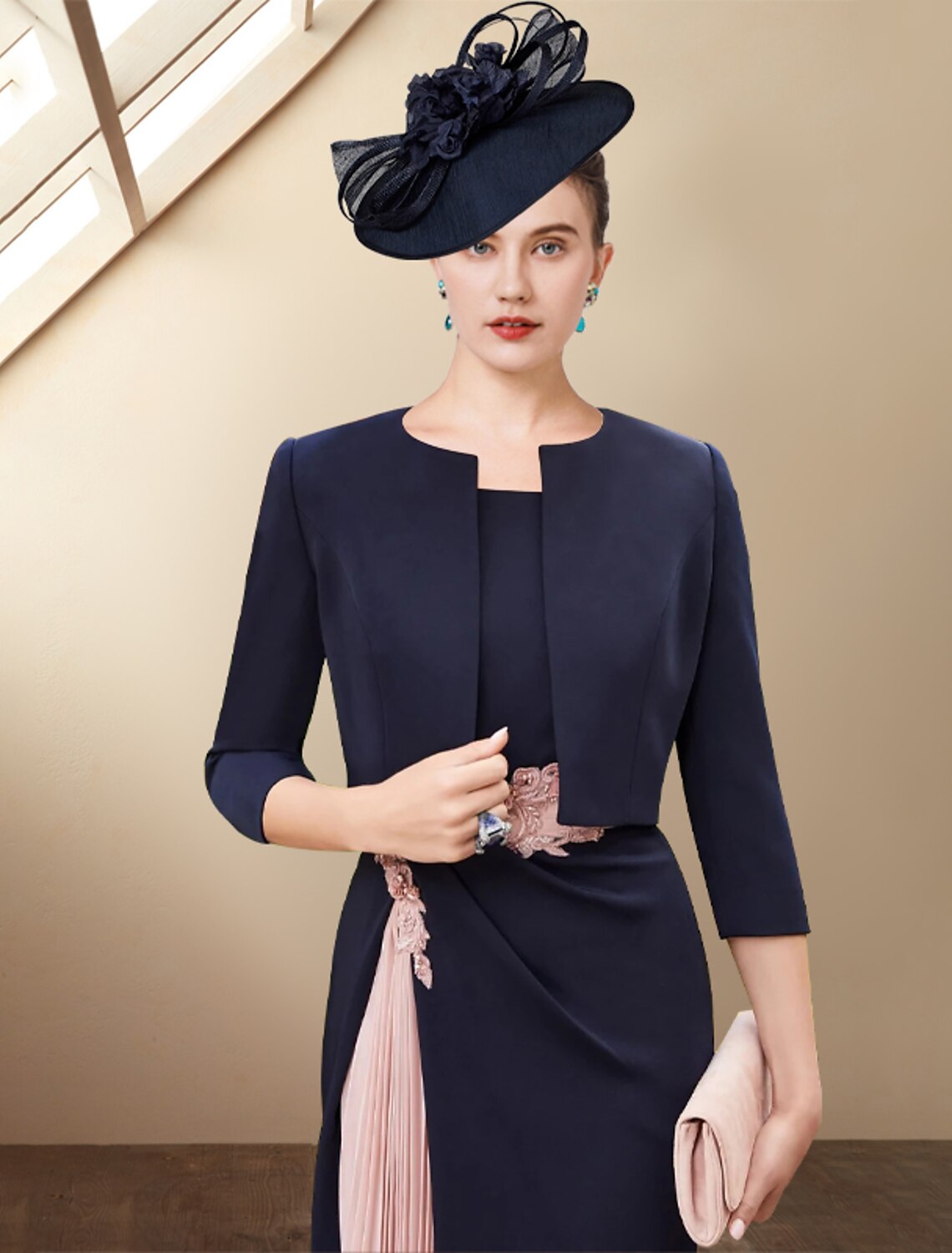 Wholesale  Two Piece Sheath / Column Mother of the Bride Dress Wedding Guest Church Elegant Off Shoulder Knee Length Stretch Fabric Sleeveless Short Jacket Dresses with Pleats Crystals